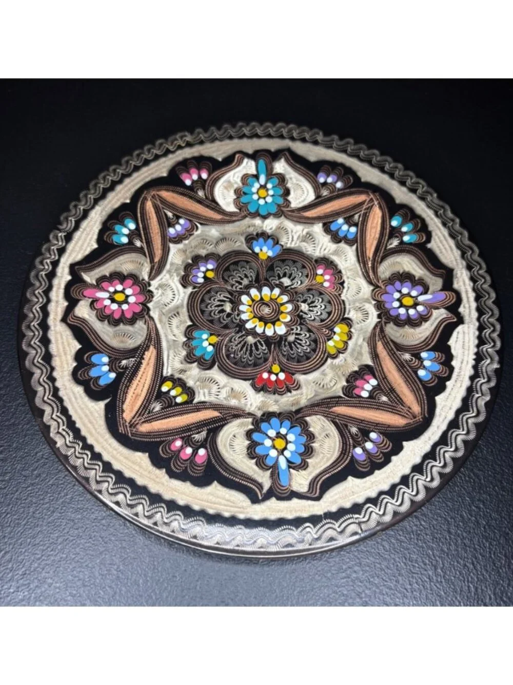 Vintage Turkish Ornate Etched Copper Decorative Wall Plate Floral Turkish Round